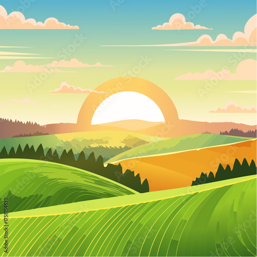 panorama of a beautiful, ecological farmland at sunrise