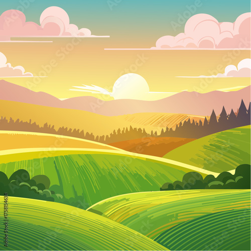 panorama of a beautiful, ecological farmland at sunrise