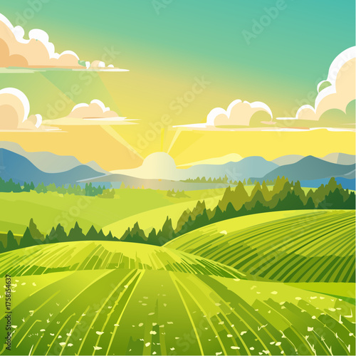 panorama of a beautiful, ecological farmland at sunrise