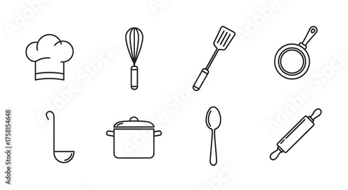 Black outline icons of various kitchen utensils including a pot, whisk, frying pan, spatula, and chef's hat, depicted in a simple linear style.