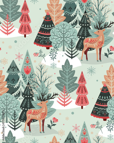 Vector seamless pattern with forest trees, deer, folk ornaments, decorations. Vector endless background of winter Christmas symbols in modern graphic style