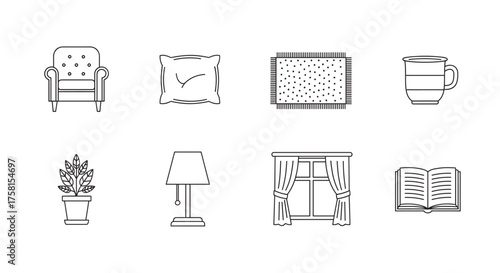 Black outline icons representing a cozy armchair, a soft pillow, a patterned rug, a striped coffee mug, a potted plant, a floor lamp, a window with curtains, and an open book.
