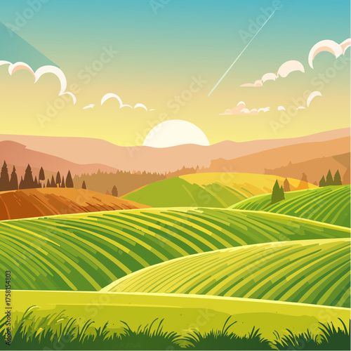 panorama of a beautiful, ecological farmland at sunrise