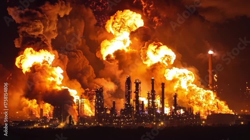 A large oil refinery with lots of smoke coming out of it