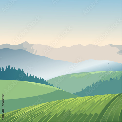 panorama of a beautiful, ecological farmland at sunrise