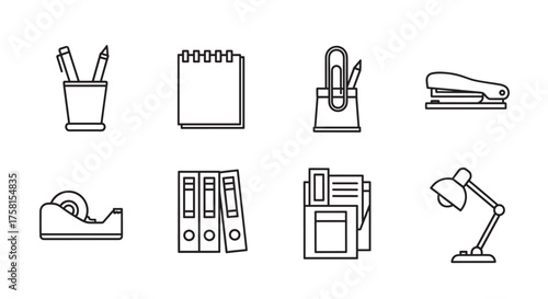 Black outline icons depicting various office supplies, including a pencil holder, notepad, stapler, tape dispenser, binders, documents, and a desk lamp.
