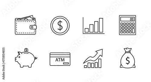 Black outline icons featuring a wallet with cash, dollar coin, bar graph, calculator, piggy bank, atm card, upward arrow graph, and money bag.