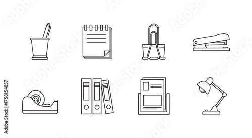 Simple black outline vector icons of various office supplies including a pen holder, notepad, paper clip, stapler, tape dispenser, file folders, organizer, and desk lamp.