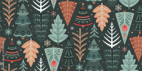 Vector seamless pattern with forest trees, folk ornaments, decorations. Vector endless background of winter Christmas symbols in modern graphic style