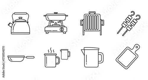 Black outline icons of various kitchen and cooking tools, including a kettle, grill, pan, mugs, pitcher, skewers, and a cutting board.