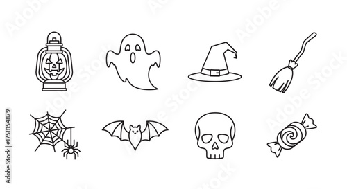 Set of eight black outline halloween icons including a haunted lantern, ghost, witch hat, broomstick, spider web with spider, bat, skull, and candy.