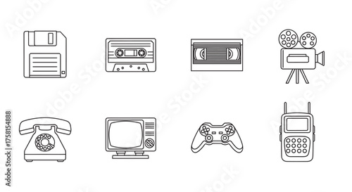 Black outline icons representing vintage technology including a floppy disk, cassette tape, vhs tape, film camera, rotary phone, television, game controller, and two-way radio.