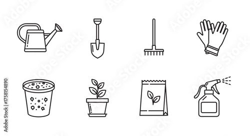 Black outline icons depicting gardening tools including a watering can, shovel, rake, gloves, pot, plant, seed packet, and spray bottle.