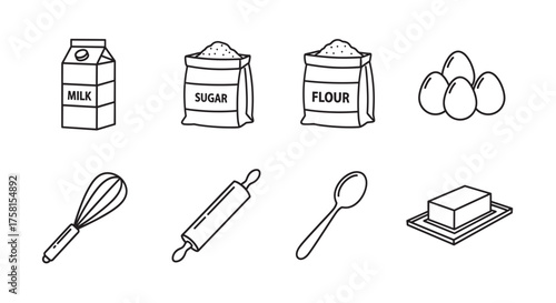 Black outline icons of baking ingredients and utensils, including milk, sugar, flour, eggs, whisk, rolling pin, spoon, and butter on a tray.
