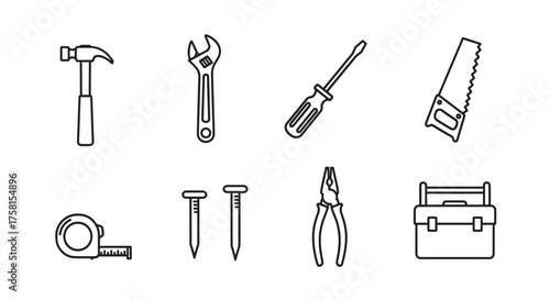 Black outline icons of various hand tools including a hammer, wrench, screwdriver, saw, measuring tape, nails, pliers, and toolbox.
