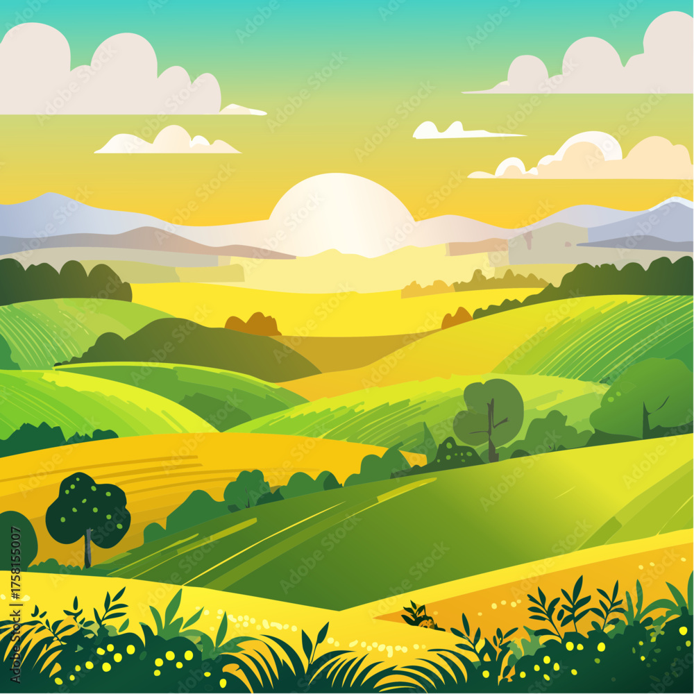Obraz premium panorama of a beautiful, ecological farmland at sunrise