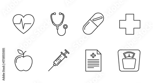 Black outline vector icons representing health and medical concepts including a stethoscope, syringe, pill, and apple with simple and clean designs.