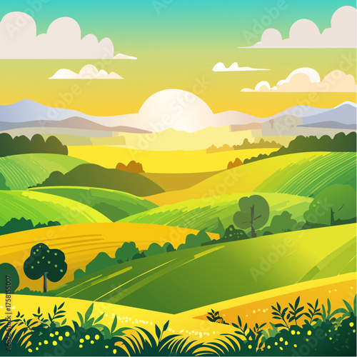 panorama of a beautiful, ecological farmland at sunrise