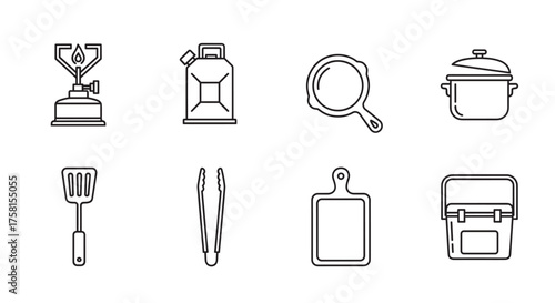 Eight black outline icons featuring various camping cooking tools including a stove, fuel canister, skillet, pot, spatula, tongs, cutting board, and cooler.