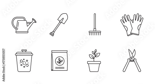 Black outline icons of essential gardening tools, showing a watering can, shovel, rake, gloves, compost bin, fertilizer bag, potted plant, and pruning shears.