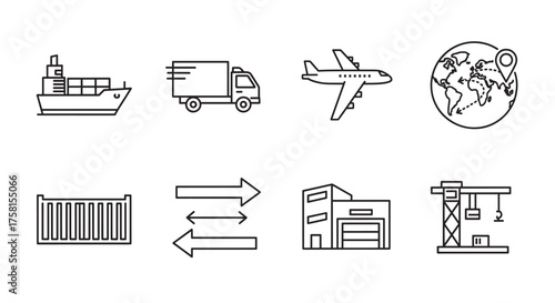 Black outline icons depicting various elements of global logistics including a cargo ship, delivery truck, airplane, globe, container, arrows, warehouse, and construction crane.