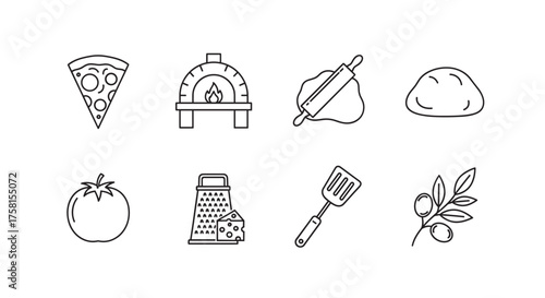 Eight black outline icons depicting pizza ingredients and tools, including a pizza slice, brick oven, rolling pin with dough, bread, tomato, cheese grater, spatula, and olive branch.