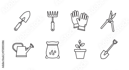 Black outline icons of various gardening tools including a trowel, rake, gloves, pruners, watering can, seed bag, potted plant, and spade arranged in a grid.