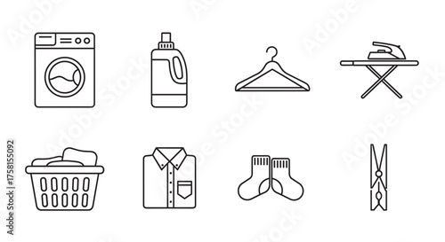 Set of black outline icons depicting laundry essentials including a washing machine, detergent, hanger, ironing board, laundry basket, shirt, socks, and clothespin.
