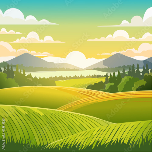 panorama of a beautiful, ecological farmland at sunrise