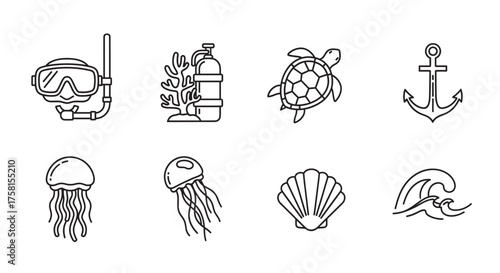 Black outline vector icons of diving gear, coral, sea turtle, anchor, jellyfish, seashell, and wave representing ocean exploration and marine life.