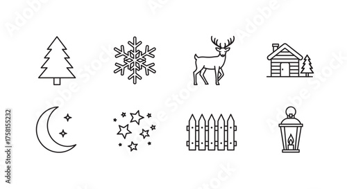 Eight black outline vector icons including a tree, snowflake, deer, cabin, crescent moon, stars, fence, and lantern in a simple linear style.