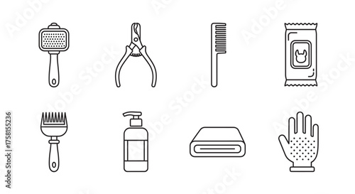 Black outline icons of pet grooming tools including a brush, clippers, comb, wipes, trimmer, shampoo, soap, and glove for animal care.