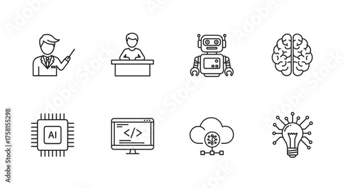 Set of eight black outline icons representing ai, including a teacher, presenter, robot, brain, processor, code monitor, cloud network, and light bulb with connections.