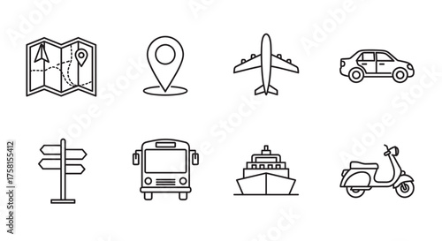 Black outline icons of map, location pin, airplane, car, signpost, bus, ship, and scooter representing various modes of transport and navigation.