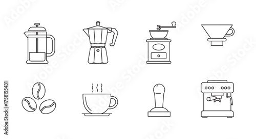 Black outline vector icons of various coffee-making tools, including a french press, moka pot, grinders, beans, cup, tamper, and espresso machine.