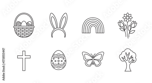 Black outline vector icons of easter basket, bunny ears, rainbow, flowers, cross, decorated egg, butterfly, and tree. minimal linear design for festive concepts.