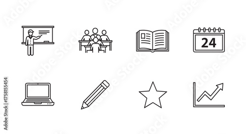 Black outline vector icons representing classroom activities including a teacher at a board, students at desks, an open book, a calendar, a laptop, a pencil, a star, and a rising graph.