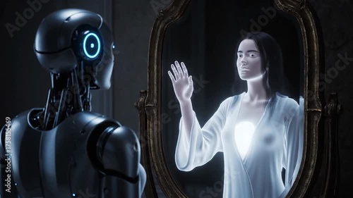 Futuristic Robot Observes a Glowing Woman in a Mirror, Touching Hands