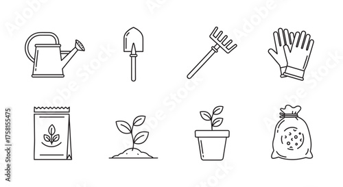 Set of black outline gardening icons, including a watering can, shovel, rake, gloves, seed packet, sprouting plant, potted plant, and a bag of soil.