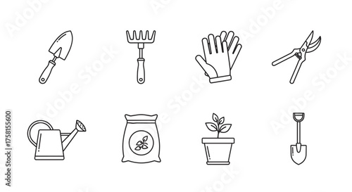 Eight black outline icons of gardening tools including a trowel, rake, gloves, shears, watering can, seed bag, potted plant, and a shovel.