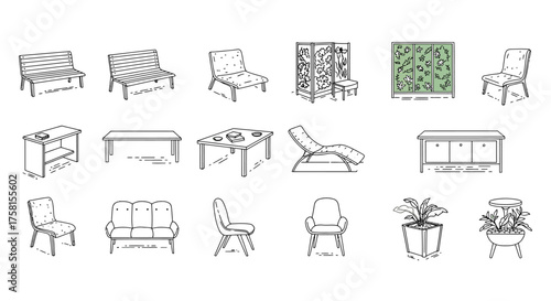 furniture illustration displaying a range of indoor and outdoor seating and tables in a minimalist style ideal for interior design mockups.