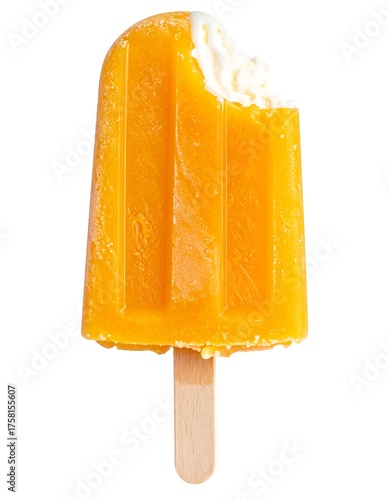Vivid orange popsicle with a bite taken out, revealing white creamy treat. On wooden stick, isolated