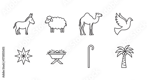 Black outline icons of a donkey, sheep, camel, and dove alongside a star, manger, shepherd's staff, and palm tree symbolizing biblical themes.
