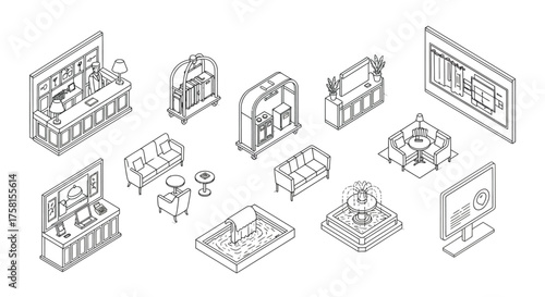 hotel lobby isometric showcasing reception luggage carts and seating areas creating a luxurious welcoming atmosphere for travel and hospitality designs.