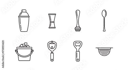 Black outline icons of cocktail-making tools including a shaker, jigger, muddler, spoon, ice bucket, bottle opener, corkscrew, and strainer.