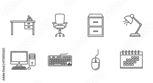 Black outline icons representing various office items including desk, office chair, file cabinet, desk lamp, computer, keyboard, mouse, and calendar.