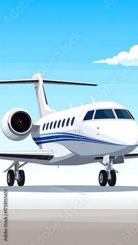 An animated illustration of a white private jet parked on a tarmac under a clear blue sky with fluffy clouds