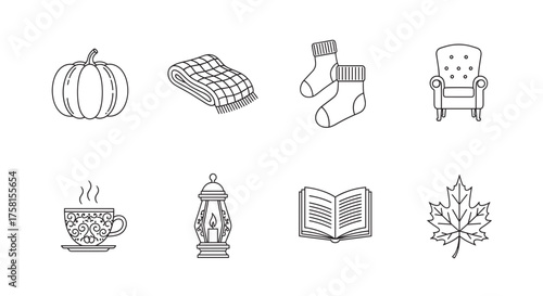 A collection of eight black outline icons depicting autumn themes, including a pumpkin, blanket, socks, armchair, steaming cup, lantern, open book, and maple leaf.