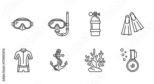 Set of eight black outline icons representing snorkeling goggles, a scuba mask with snorkel, an oxygen tank, flippers, a wetsuit, an anchor with rope, coral, and a compass.