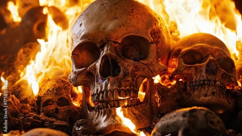 A group of skulls sitting on top of a pile of skulls in flames